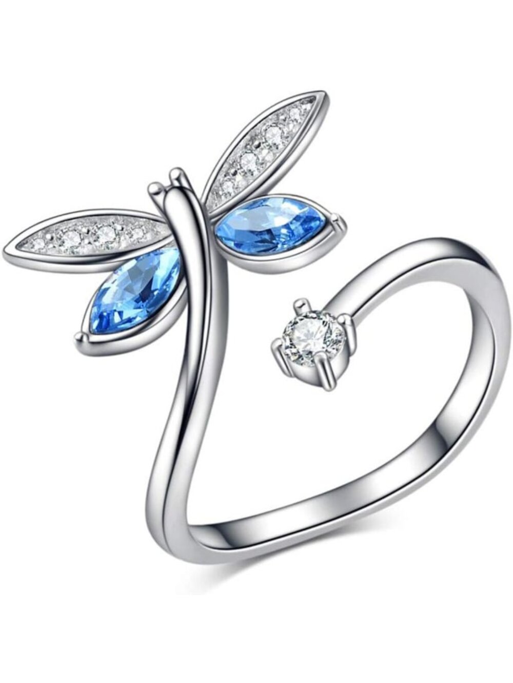 Butterfly Dragonfly Sterling Silver Wrap Ring with Crystals - Unique Jewelry